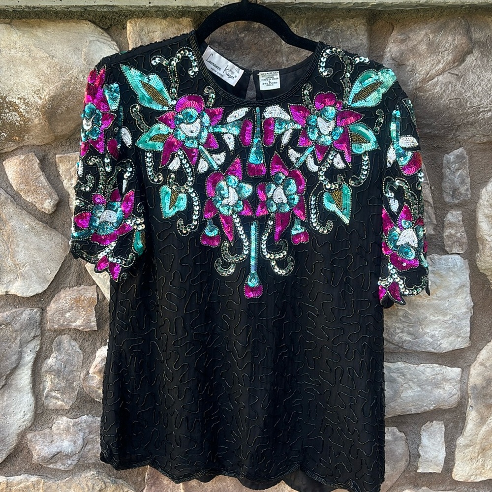 Laurence Kazar Silk Beaded Top Multicolor Sequins Vintage Size Large 80s
